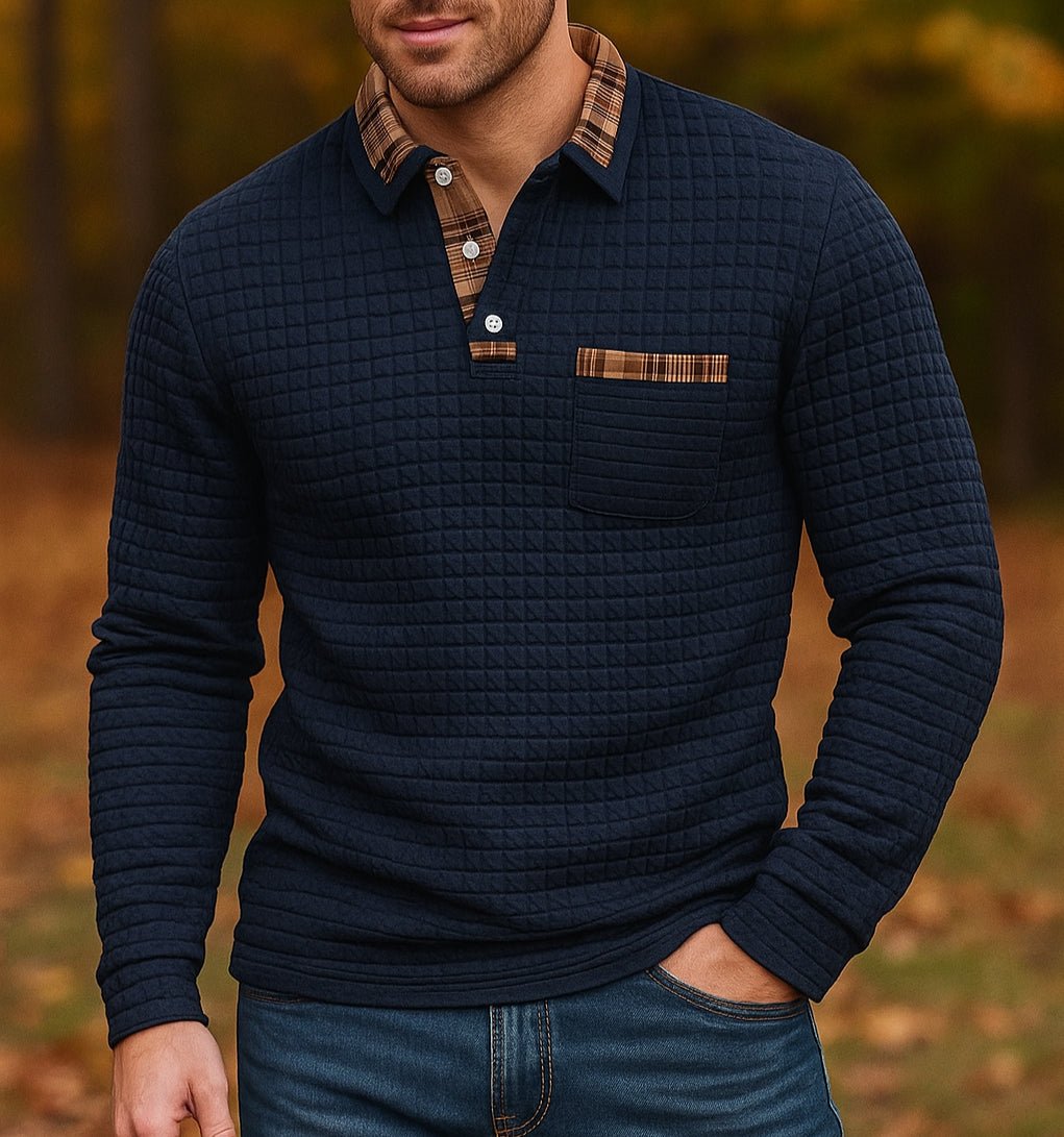 Checked polo shirt with long sleeves in a modern design, made from a comfortable cotton blend, perfect for casual or semi-formal occasions. 0